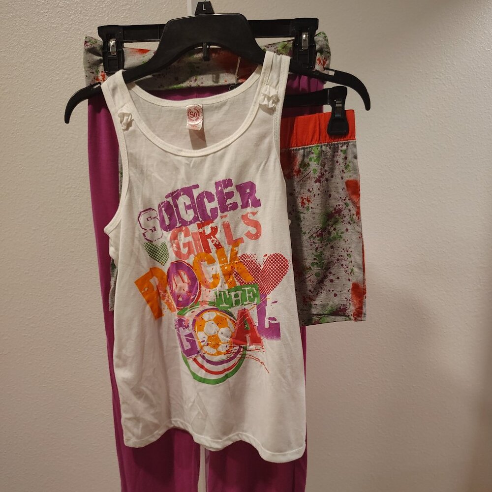 SO Soccer Girls Rock The Goal 3 Piece Pajama Set Tank Top Pants Shorts 14 / 16